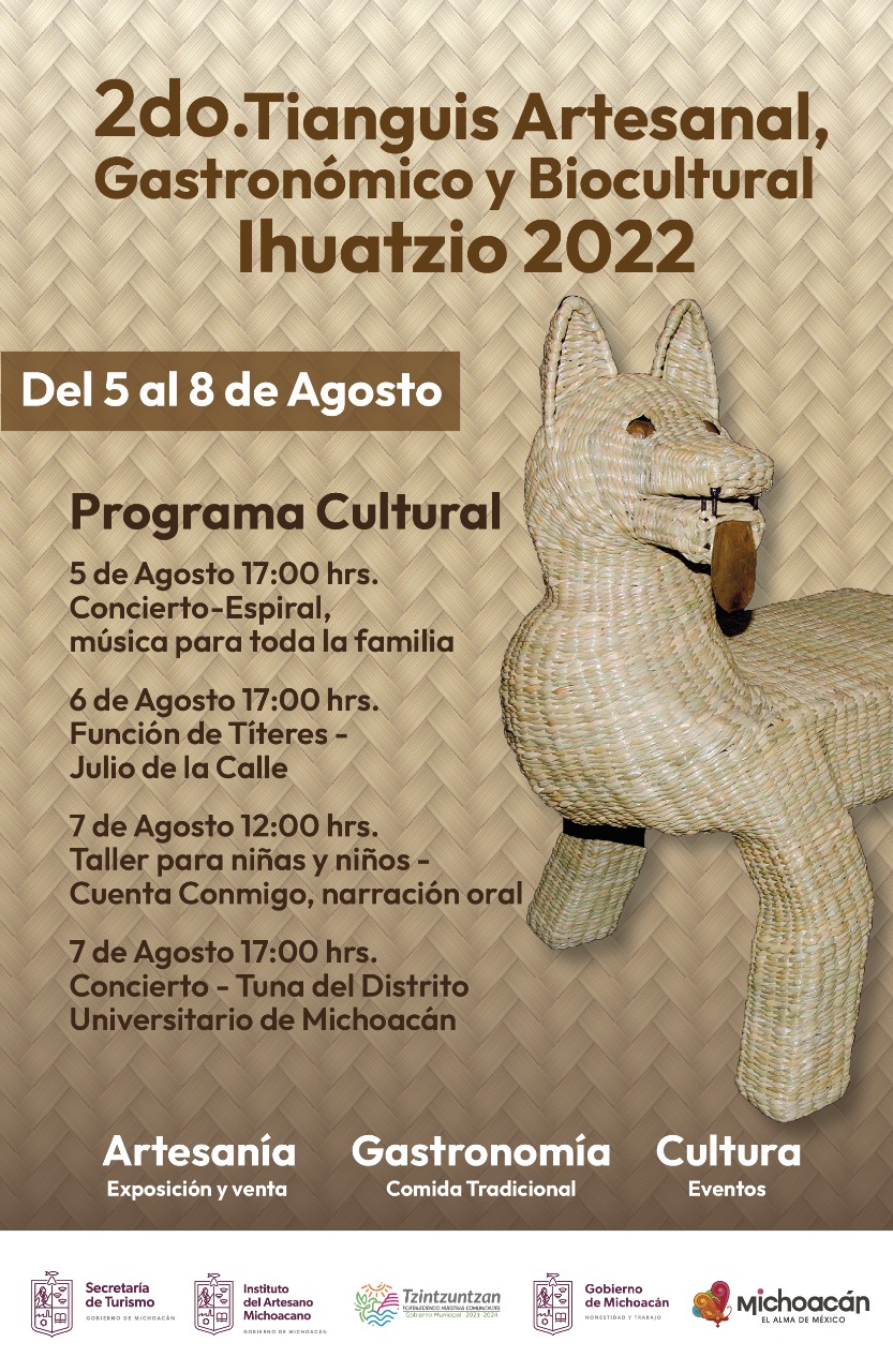 Morelia, Michoacán, 26 de julio del 2022.- Del 5 al 8 de agosto se llevará a cabo, por segunda ocasión, el Tianguis Artesanal, Gastronómico y Cultural de Ihuatzio, en la ribera del Lago de Pátzcuaro, informaron los organizadores en rueda de prensa celebrada en la Secretaría de Turismo del Estado.

El evento, organizado por artesanos de la comunidad perteneciente al municipio de Tzintzuntzan, lleva por nombre Juchari Mijkuakua (nuestro saber hacer con las manos), y a decir de los organizadores, es de gran importancia porque desde su primera edición mostró capacidad para activar la economía, fomentar la identidad como pueblo originario y provocar el reencuentro entre los habitantes de la misma comunidad. 

El trabajo artesanal que distingue a Ihuatzio es el tejido de fibras vegetales con tule y la chuspata para la elaboración de cestería tradicional, como petates, sopladores, sombreros, canastas, bolsas, tortilleros y paneros. 

Con el paso del tiempo han sabido adaptar su trabajo a las necesidades actuales y también elaboran cortinas, esculturas, cajas e incluso mobiliario en general, utilizando otras técnicas como el tejido sobre herrería.

En la gastronomía ofrece atoles, tamales, churipo, tortillas de maíz y trigo hechas a mano, caldo de pescado, pinoles, atapakuas, aukatas, carnitas y dulces de frutas de la temporada.    
	
Además de las actividades artesanales y gastronómicas, el programa cultural es el siguiente:

-5 de agosto | 17:00 horas | Concierto – Espiral, música para toda la familia.
-6 de agosto | 17:00 horas | Función de Títeres – Julio de la Calle.
-7 de agosto | 12:00 horas | Taller para niñas y niños – Cuenta Conmigo, narración oral.
-7 de agosto | 17:00 horas | Concierto – Tuna del Distrito Universitario de Michoacán. 

Esperan una afluencia de 3 mil visitantes; beneficios directos para 40 familias e indirectos para otras 200.

Otros sobresalientes atractivos de Ihuatzio, que se traduce del purépecha como “lugar del coyote”, son la zona arqueológica y la iglesia del lugar. 

Estuvieron presentes el director de Desarrollo Turístico, Alejandro Hernández Torres; Israel Ramírez, subdirector de Operación del Instituto del Artesano Michoacano; además de representantes de la Unión de Artesanos de Ihuatzio: Mario Marcelino Morales, presidente; Juan Alcántar Morales, vicepresidente; Dafne Karina Hilario Alcántar, secretaria y los vocales Dulce María Fraga y Carlos Gaona Quiroz.